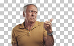 PNG Studio shot of an elderly man pointing in at something against a grey background