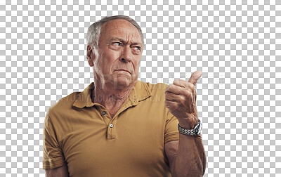 Buy stock photo Pointing, attitude and face of senior man with hand gesture on isolated, png and transparent background. Advertising, marketing and upset, angry and serious elderly male for news, promotion or choice