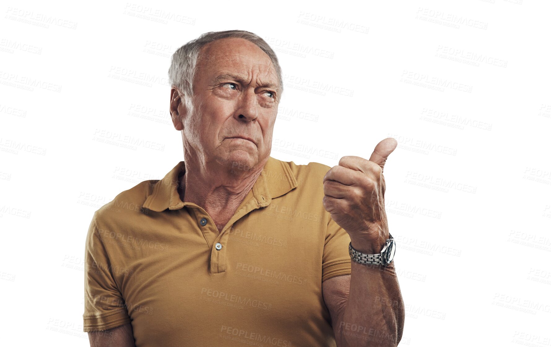 Buy stock photo Pointing, attitude and face of senior man with hand gesture on isolated, png and transparent background. Advertising, marketing and upset, angry and serious elderly male for news, promotion or choice