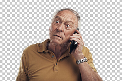 Buy stock photo Connection, phone call and senior man shocked, network and old guy isolated on a transparent background. Male person, elderly model and pensioner with a smartphone, png and omg with expression or wow