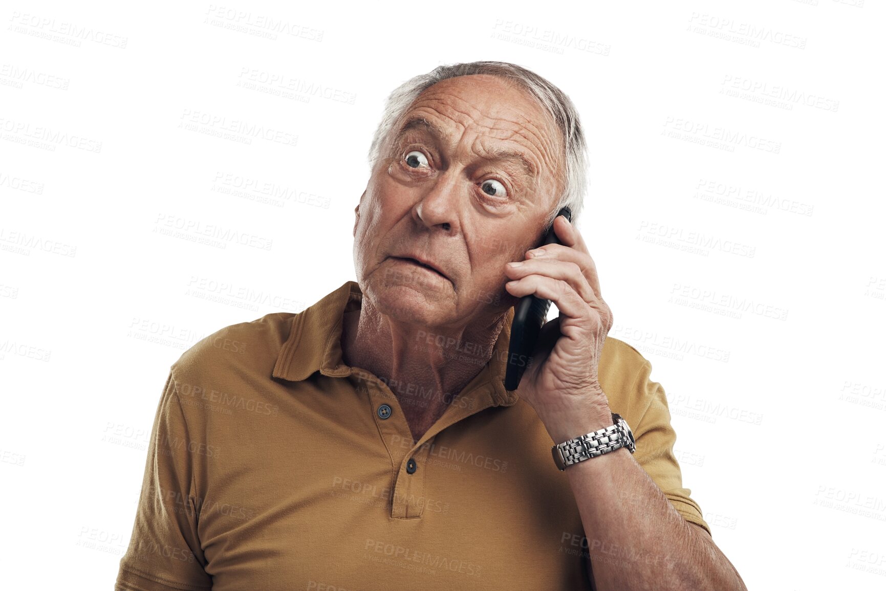 Buy stock photo Connection, phone call and senior man shocked, network and old guy isolated on a transparent background. Male person, elderly model and pensioner with a smartphone, png and omg with expression or wow