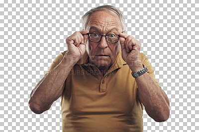 Buy stock photo Portrait, check vision and senior man with glasses, care and guy isolated against a transparent background. Face, mature male person and elderly model with eyewear, optometry and png with retirement