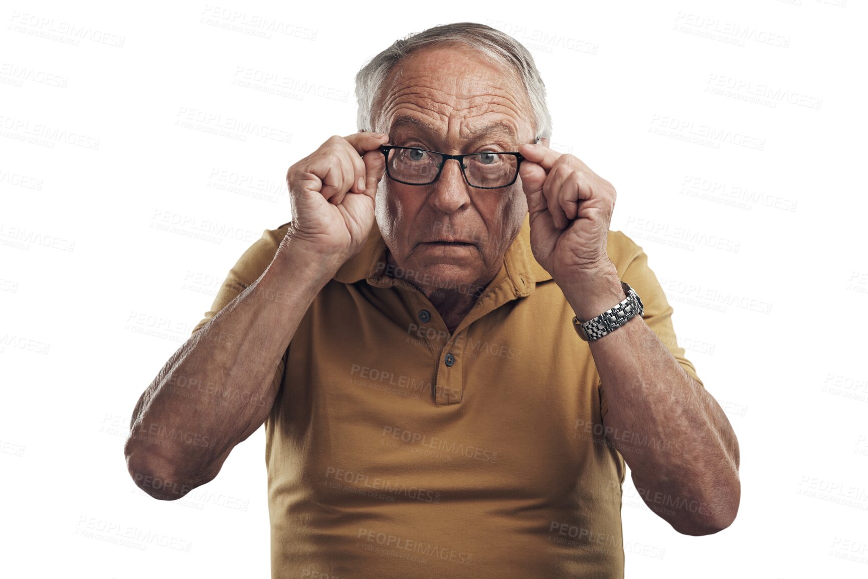 Buy stock photo Portrait, check vision and senior man with glasses, care and guy isolated against a transparent background. Face, mature male person and elderly model with eyewear, optometry and png with retirement