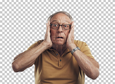 Buy stock photo Scared, elderly male and hands on face with glasses in png or isolated or transparent background. Worry, shocking and senior man with anxiety with announcement or surprise and emoji with stress.