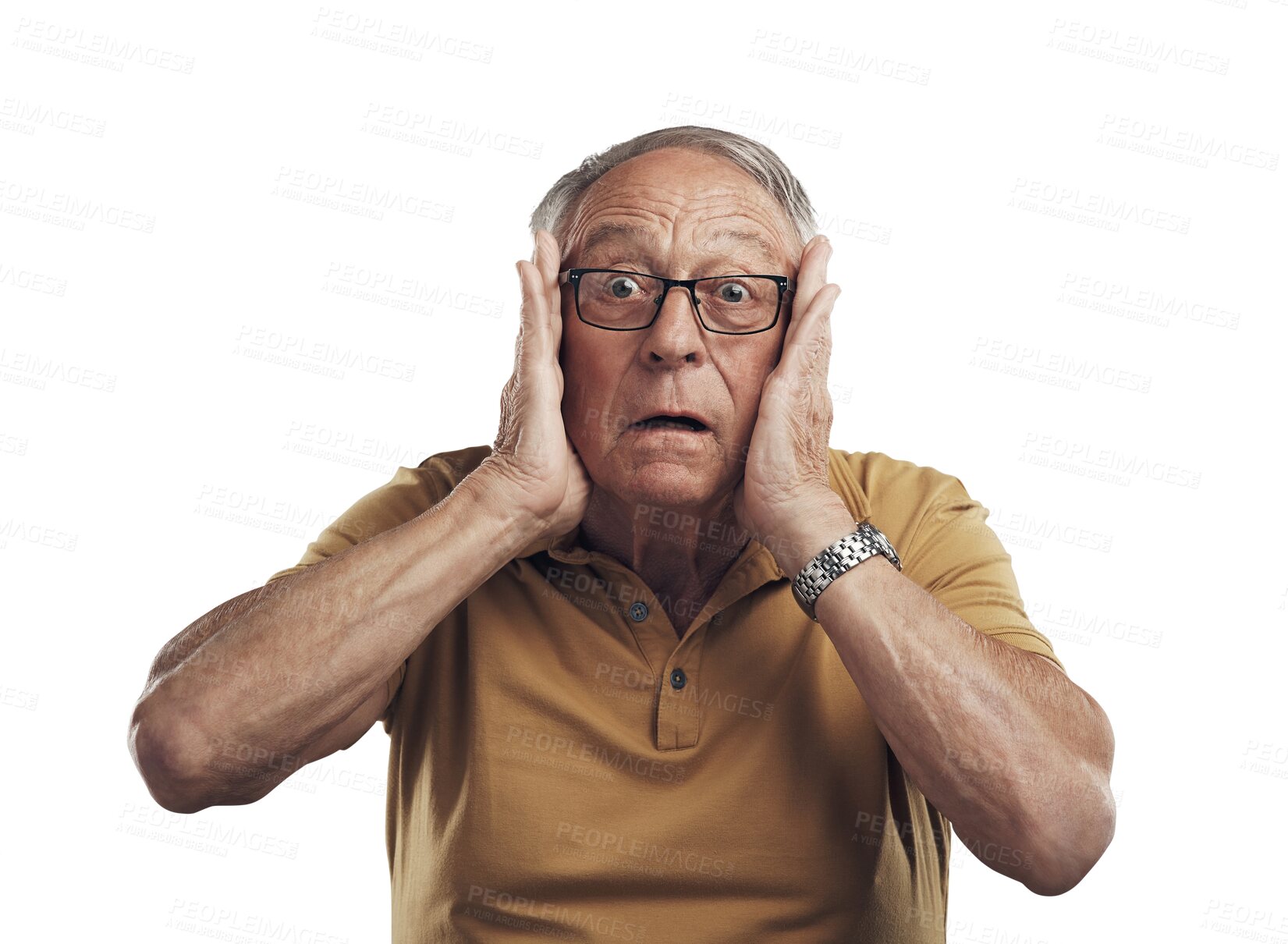 Buy stock photo Scared, elderly male and hands on face with glasses in png or isolated or transparent background. Worry, shocking and senior man with anxiety with announcement or surprise and emoji with stress.