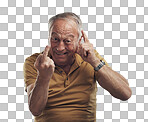 PNG Studio shot of an elderly man showing his middle finger against a grey background