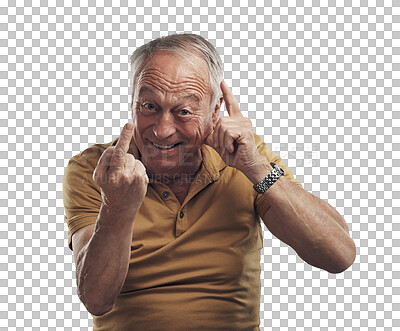 Buy stock photo Isolated senior man, portrait and middle finger with hand sign, emoji and icon by transparent png background. Elderly person, crazy guy and symbol for opinion, rude and comic expression for vote