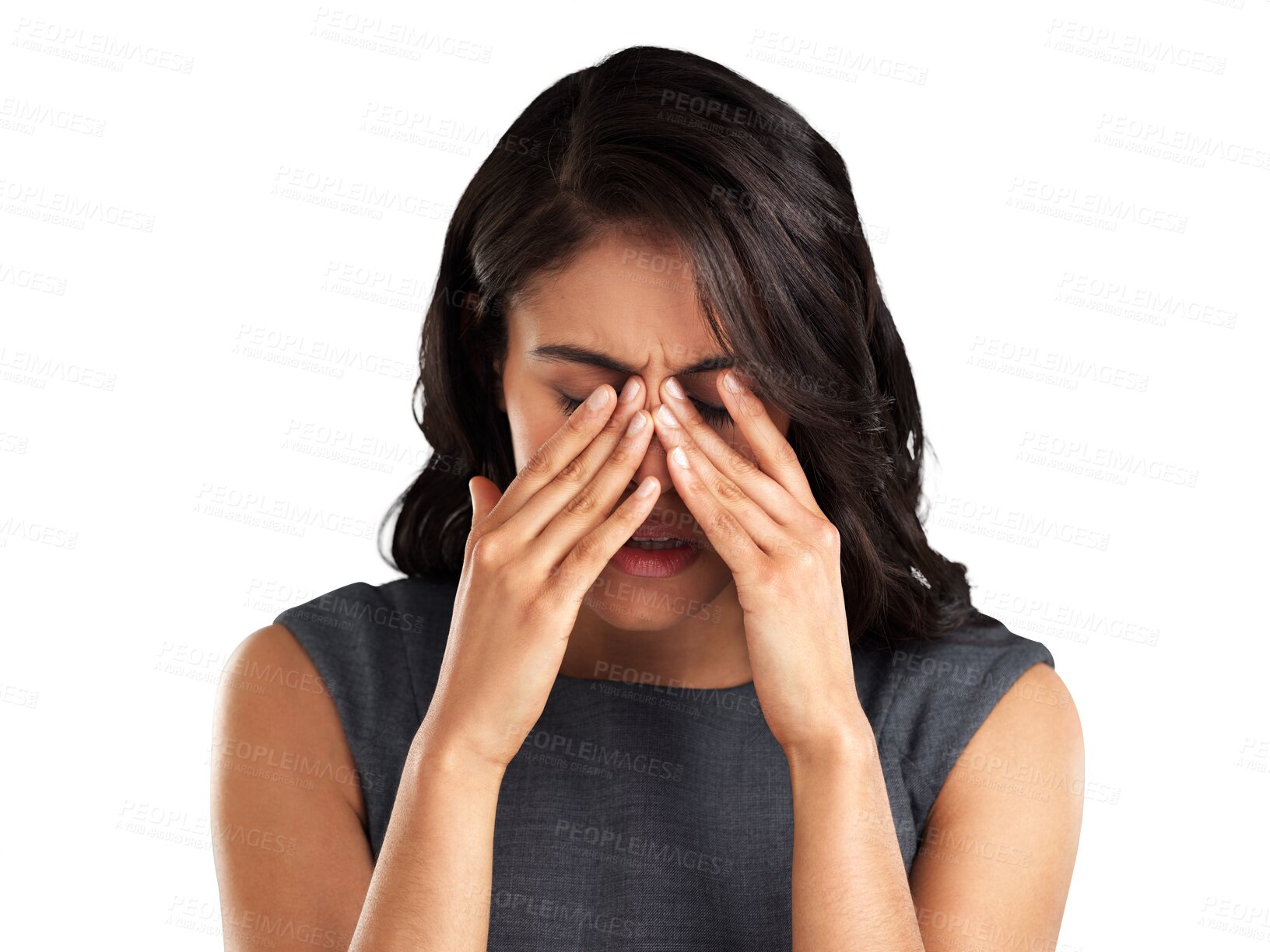 Buy stock photo Business, stress and woman with a headache, health issue and employee isolated against a transparent background. Female person, girl and model with a migraine, burnout and medical problem with png