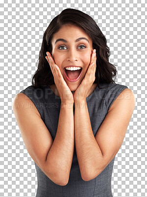 Buy stock photo Business woman, excited and surprise with wow reaction to announcement isolated on transparent png background. Happiness, shock and hands on face, female person with professional win and promotion