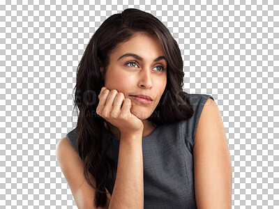 Buy stock photo Sad, thinking and idea with face of woman on transparent background for question, planning and brainstorming. Problem solving, solution and focus with person isolated on png for vision and decision