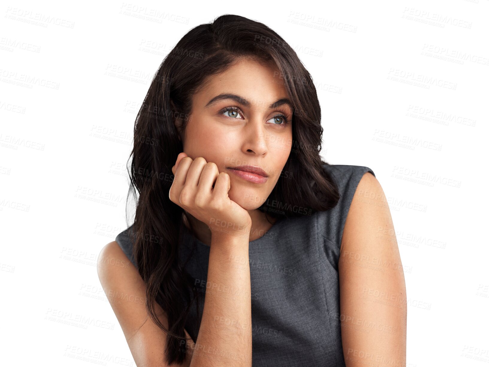 Buy stock photo Sad, thinking and idea with face of woman on transparent background for question, planning and brainstorming. Problem solving, solution and focus with person isolated on png for vision and decision