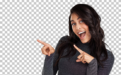 Buy stock photo Pointing, smile and show with portrait of woman on transparent background for excited, news and promotion. Idea, announcement and decision with person isolated on png for opportunity and choice