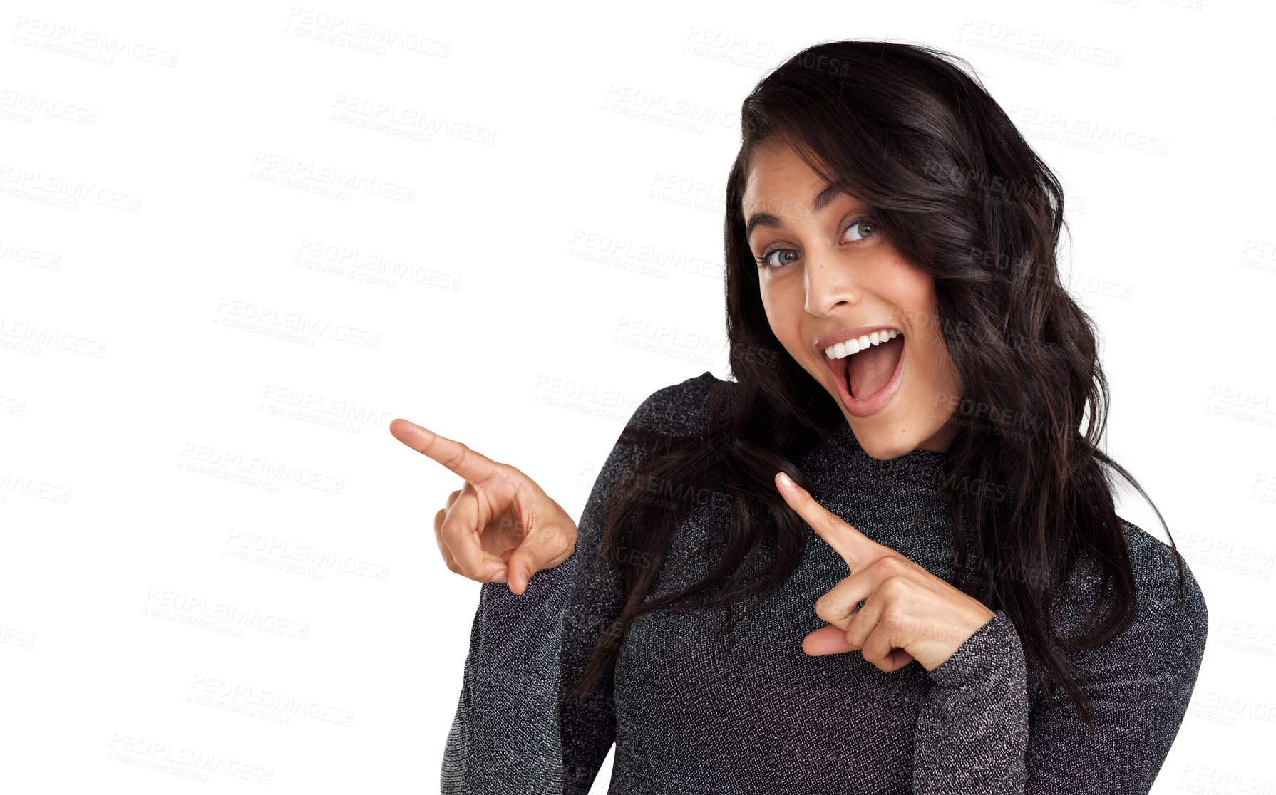 Buy stock photo Pointing, smile and show with portrait of woman on transparent background for excited, news and promotion. Idea, announcement and decision with person isolated on png for opportunity and choice