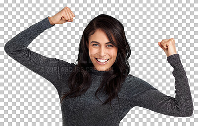 Buy stock photo Woman, champion and winner with smile in portrait, happiness and success isolated on transparent png background. Reward, bonus and prize with female person winning competition, pride and flexing