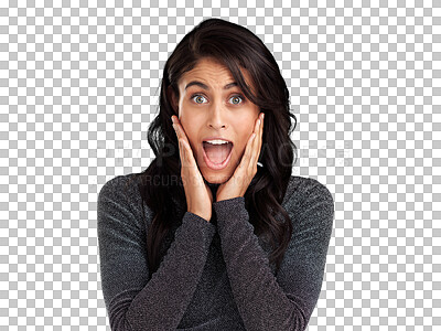 Buy stock photo Woman, surprise and wow reaction with hands on face and announcement isolated on transparent png background. Excited, shock and emoji with female person with facial expression, what and exclamation