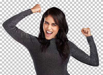 Buy stock photo Fist pump, portrait and celebration, happy woman and success isolated on transparent png background. Yes, winning and excited female person with reaction, winner celebrate and achievement with reward