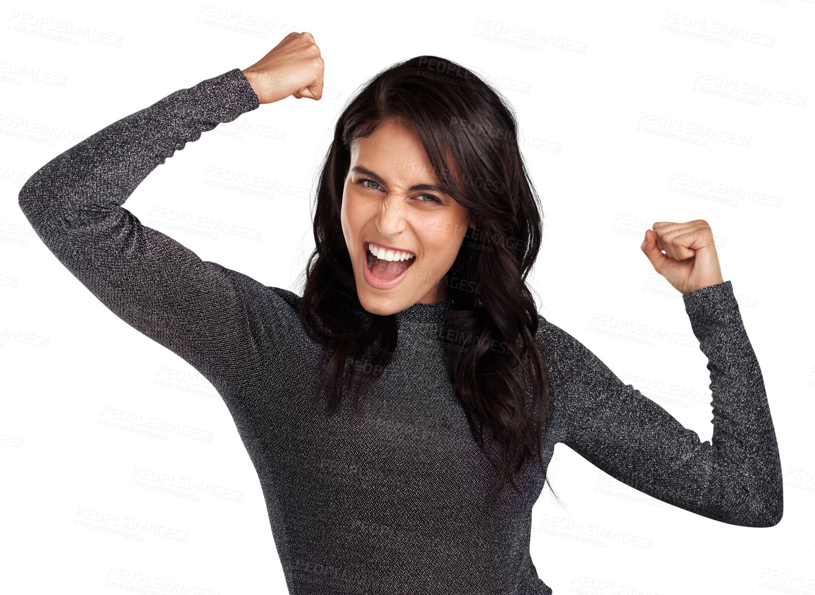 Buy stock photo Fist pump, portrait and celebration, happy woman and success isolated on transparent png background. Yes, winning and excited female person with reaction, winner celebrate and achievement with reward