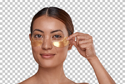 Buy stock photo Eye patch, woman and portrait with a smile from dermatology and skincare glow. Young female person, gold mask and face treatment isolated on a transparent, png background feeling happy from wellness