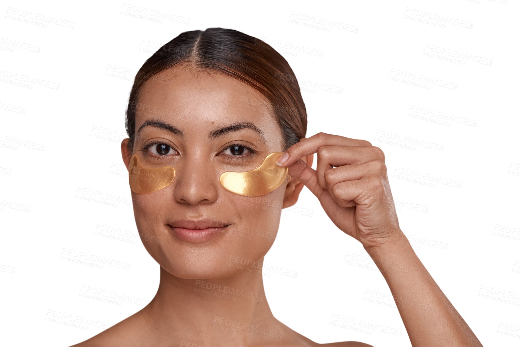 Buy stock photo Eye patch, woman and portrait with a smile from dermatology and skincare glow. Young female person, gold mask and face treatment isolated on a transparent, png background feeling happy from wellness