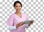 PNG cropped portrait of an attractive young female healthcare worker using a tablet in studio against a grey background