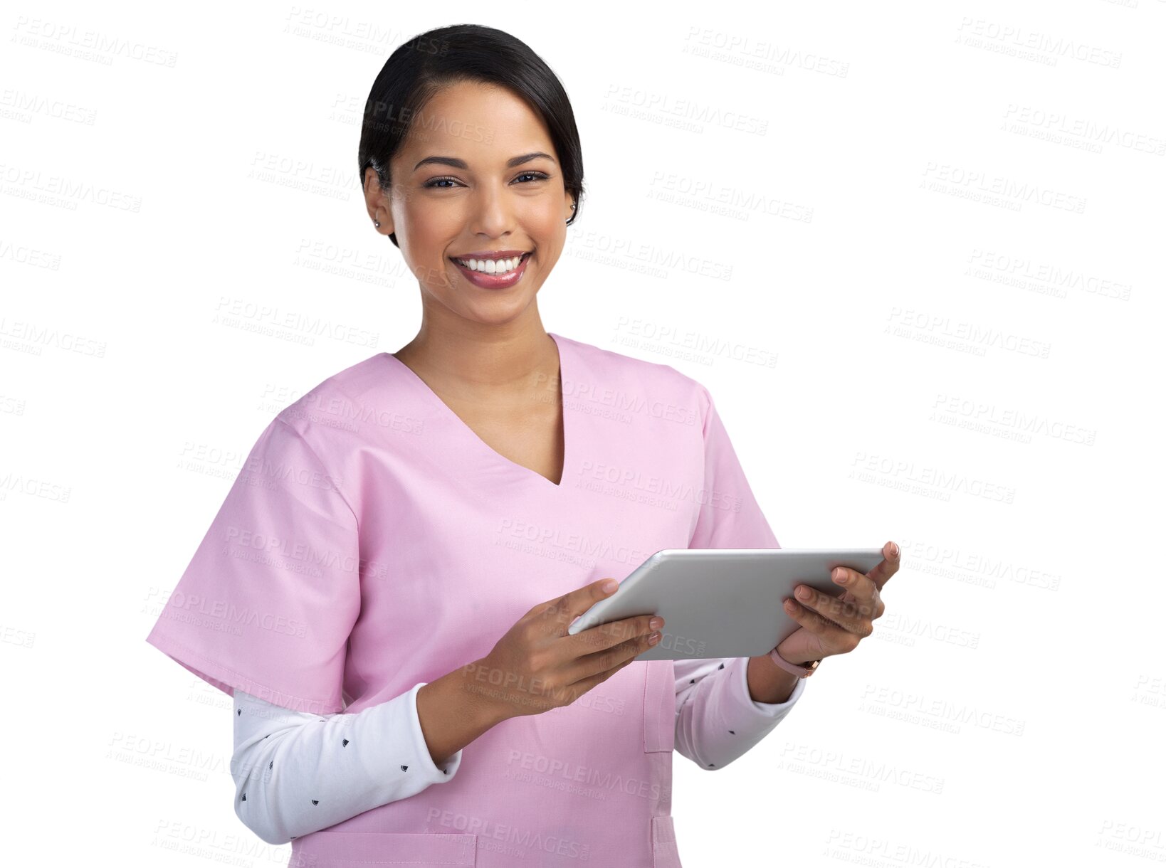 Buy stock photo Nurse, tablet and portrait with healthcare and professional website with a smile. Digital, tech and female hospital worker isolated on a transparent, png background feeling happy from clinic job