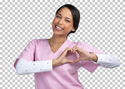 Buy stock photo Hands in heart, nurse and portrait of happy woman on isolated, PNG and transparent background. Healthcare, hospital and female health worker with emoji sign for medical service, care and support