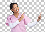 PNG cropped shot of an attractive young female healthcare worker pointing towards copyspace in studio against a grey background