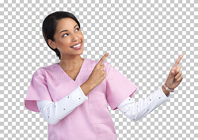 Buy stock photo Pointing, happy nurse and woman for advertising on isolated, PNG and transparent background. Healthcare, hospital and female health worker with hand gesture for medical service, promotion and support