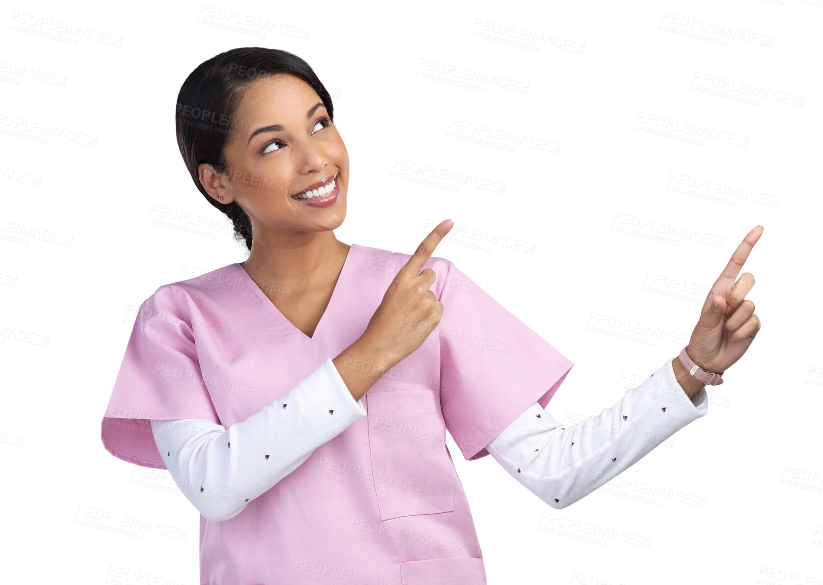 Buy stock photo Pointing, happy nurse and woman for advertising on isolated, PNG and transparent background. Healthcare, hospital and female health worker with hand gesture for medical service, promotion and support