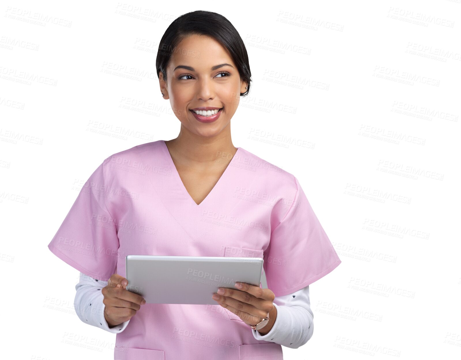 Buy stock photo Research, nurse and medical with woman and tablet on transparent background for medicine, network or internet. Healthcare, technology and digital with person isolated on png for idea and thinking