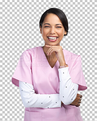 Buy stock photo Medical, laugh and nurse with portrait of woman on transparent background for medicine, surgery and wellness. Healthcare, smile and expert with face of person isolated on png for clinic and hospital