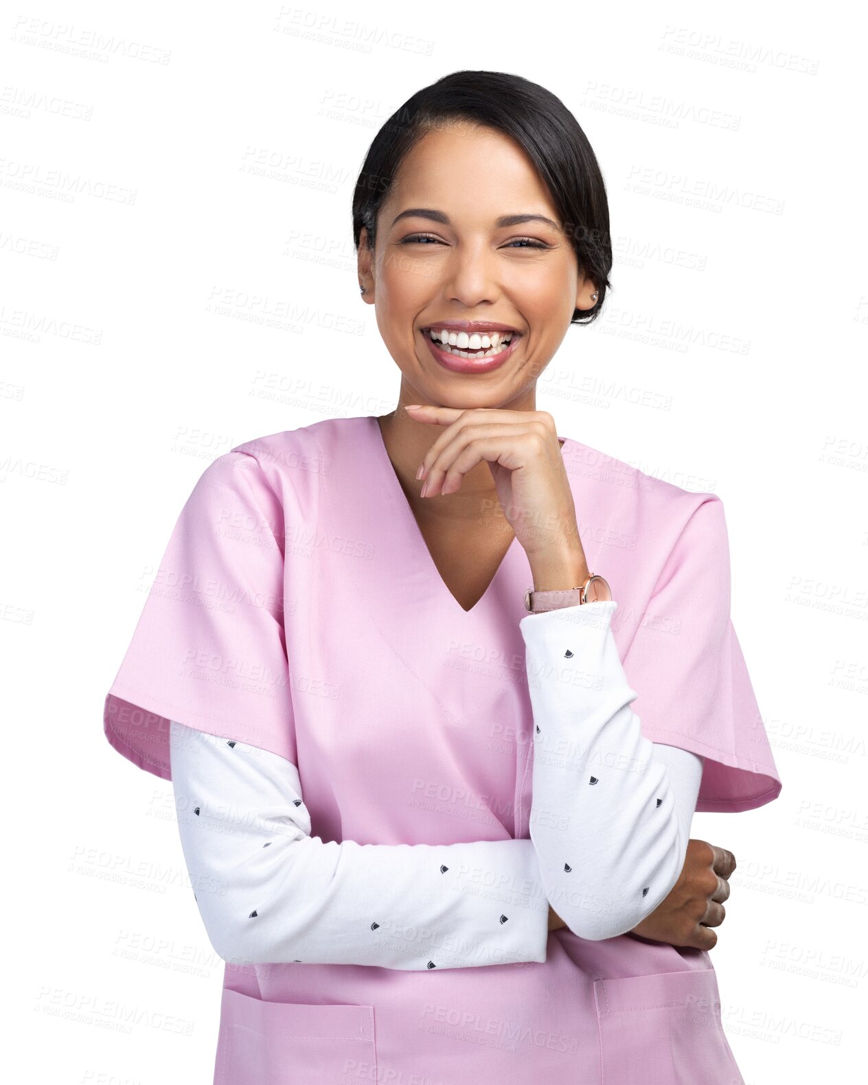 Buy stock photo Medical, laugh and nurse with portrait of woman on transparent background for medicine, surgery and wellness. Healthcare, smile and expert with face of person isolated on png for clinic and hospital