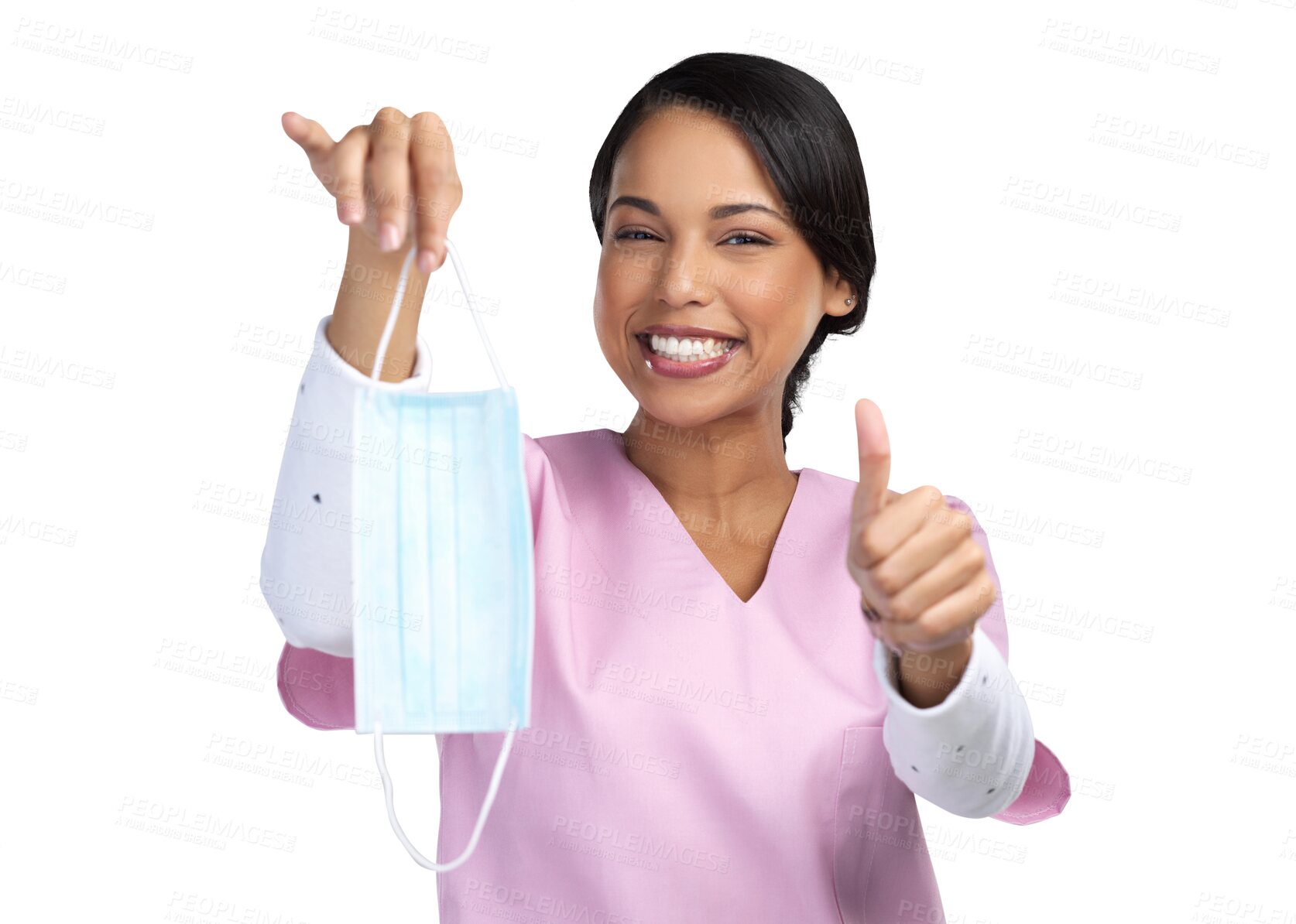 Buy stock photo Mask remove, nurse portrait and woman thumbs up for success, motivation and target goal. Nursing, medical professional isolated on a transparent, png background with emoji hand sign from covid cure