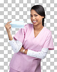 PNG Cropped portrait of an attractive young female healthcare worker holding up a mask in studio against a grey background