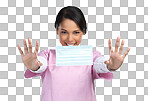 PNG cropped portrait of an attractive young female healthcare worker holding up a mask in studio against a grey background