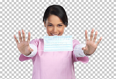 Buy stock photo Virus, nurse and face mask with portrait of woman on transparent background for medical, protection and medicine. Healthcare, safety and wellness with person isolated on png for surgery and bacteria