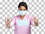 PNG cropped portrait of an attractive young female healthcare worker holding up a mask in studio against a grey background