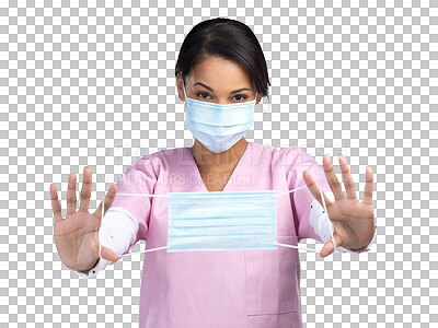 Buy stock photo Safety, nurse and face mask with portrait of woman on transparent background for virus, protection and medicine. Healthcare, medical and wellness with person isolated on png for surgery and bacteria