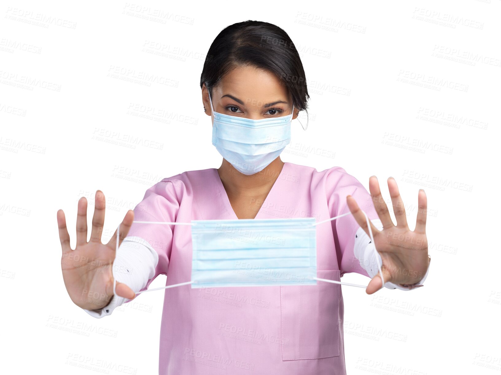 Buy stock photo Safety, nurse and face mask with portrait of woman on transparent background for virus, protection and medicine. Healthcare, medical and wellness with person isolated on png for surgery and bacteria