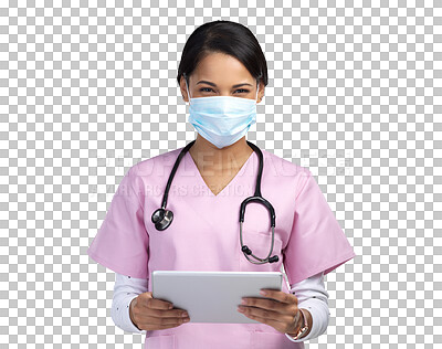 Buy stock photo Face mask, woman tablet and nurse portrait with stethoscope for professional care. Female employee, healthcare website and virus safety gear isolated on a transparent, png background for medical work