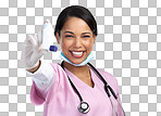 PNG cropped portrait of an attractive young female healthcare working holding up an asthma pump in studio against a grey background