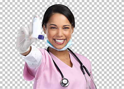 Buy stock photo Nurse, woman portrait and inhaler for asthma and healthcare with a smile for wellness. Young, female person and medical worker isolated on a transparent, png background with breathing pump for virus 