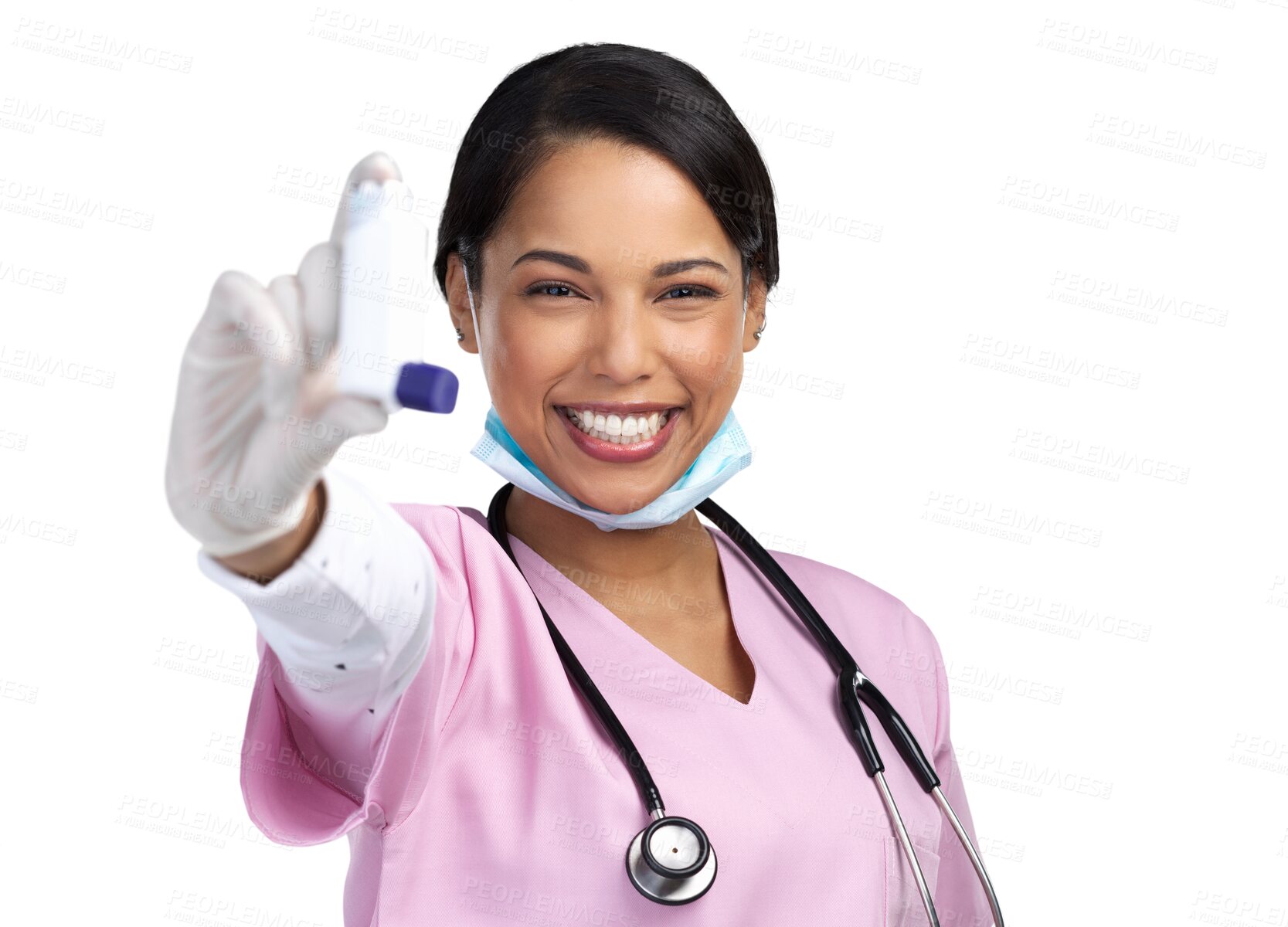 Buy stock photo Nurse, woman portrait and inhaler for asthma and healthcare with a smile for wellness. Young, female person and medical worker isolated on a transparent, png background with breathing pump for virus 