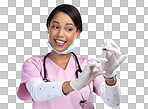 PNG cropped shot of an attractive young female healthcare working holding up a syringe in studio against a grey background