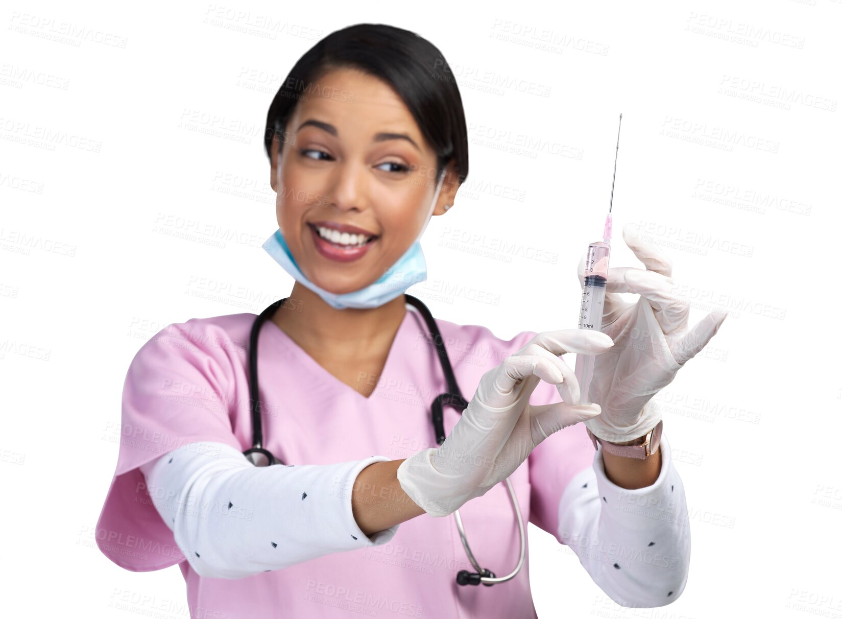 Buy stock photo Nurse, woman and injection for virus and health with a smile for wellness. Young, female person and medical worker isolated on transparent, png background with medical hospital needle for protection