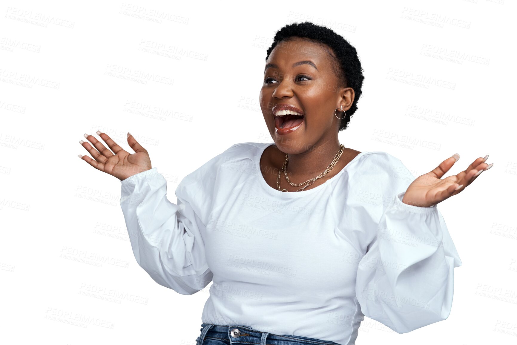 Buy stock photo Excited, woman and wow from shock and smile looking at announcement and deal notification. Happy, african female person and open hands isolated on transparent, png background with surprise from sale