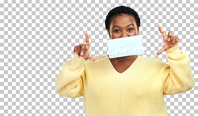 Buy stock photo Virus, woman safety and portrait showing face mask for protection and health danger, African female person, prevention and recovery gear isolated on a transparent, png background with wellness