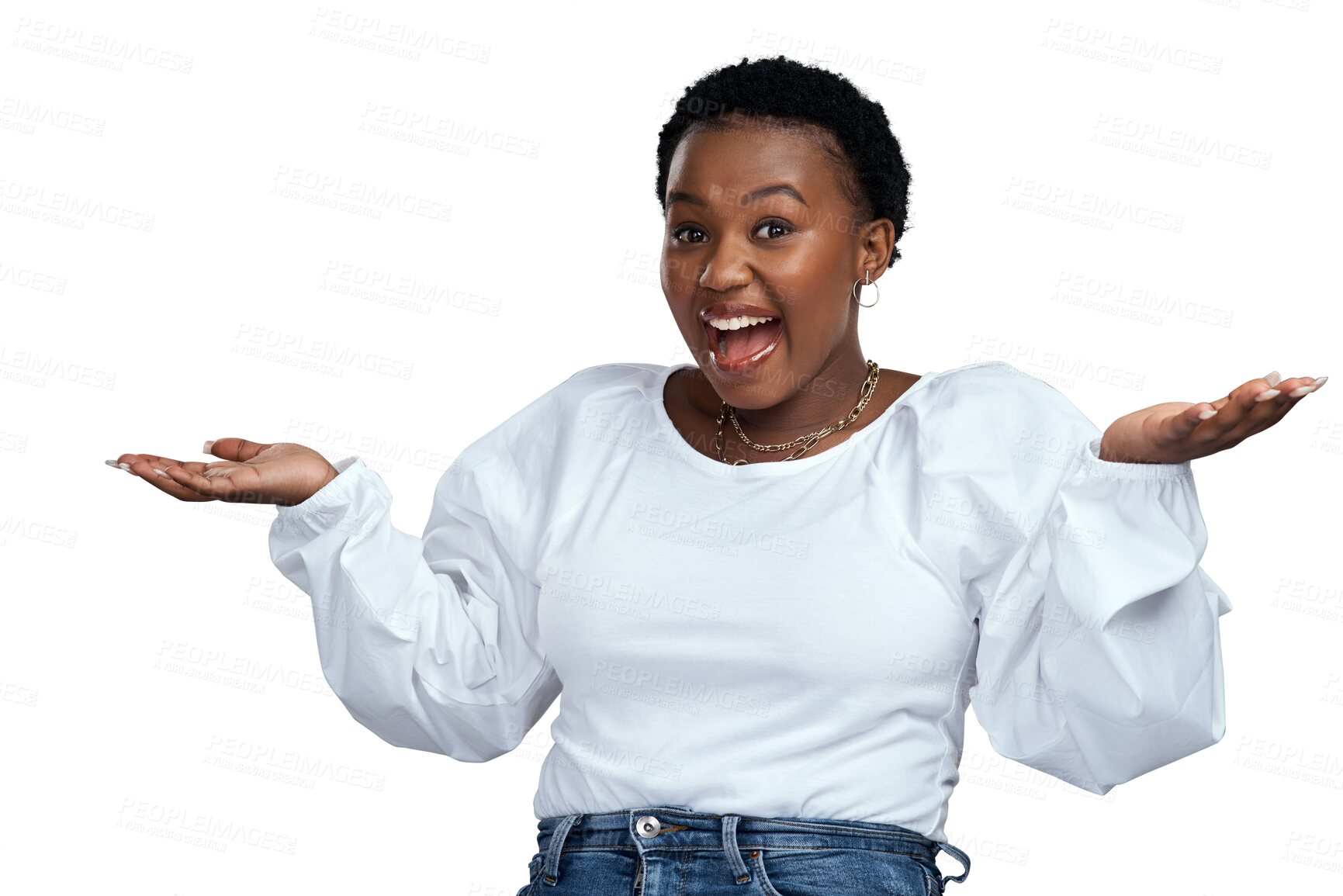 Buy stock photo Excited, woman and portrait with shock and smile looking up at announcement and deal choice. Happy, African female person and open hands isolated on transparent, png background with surprise decision