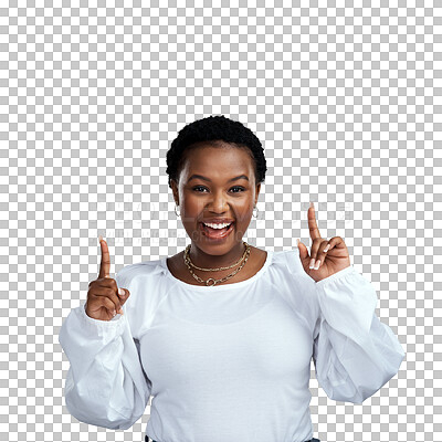 Buy stock photo Woman, hands pointing up and portrait for sale, promo suggestion and advertising. African female person, happy and sale choice isolated on a transparent, png background showing deal announcement