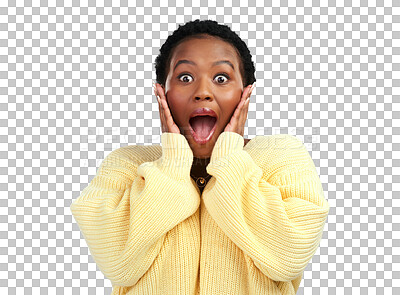 Buy stock photo Black woman, portrait and surprise for winning or good news isolated on a transparent PNG background. Surprised and excited African female person in shock for lottery win, victory bonus or promotion
